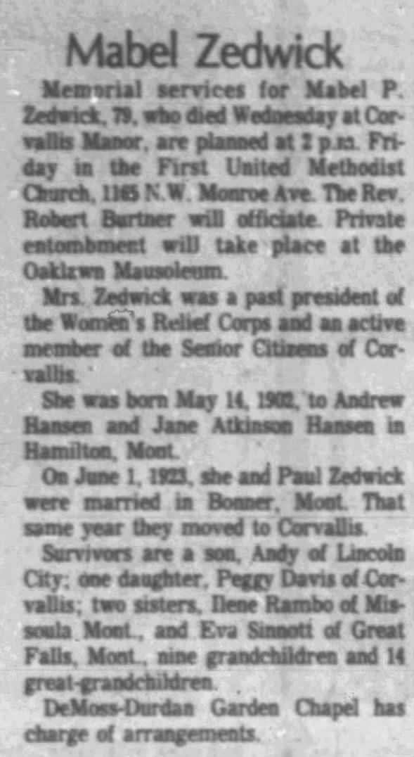 Mabel Zedwick 3/4/1982